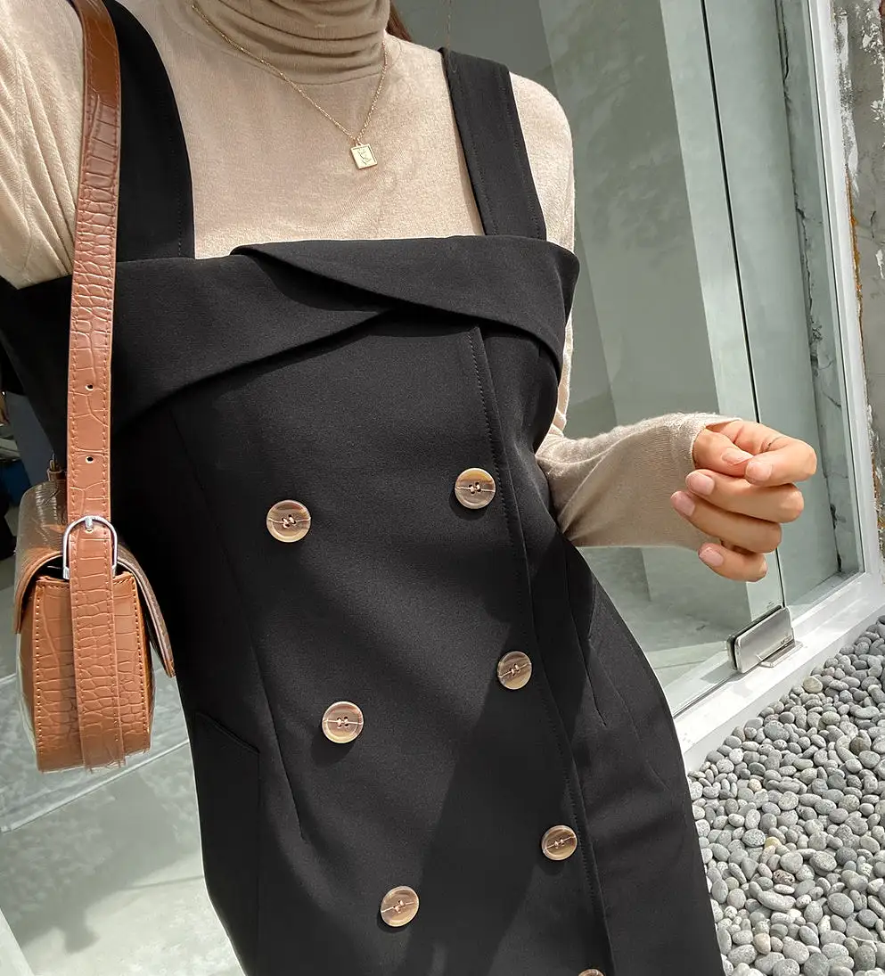 Beige Black Suspenders Classic Double Breasted Trench Dresses For Womens Sleeveless Pencil Fitted Korean Drama Fashion Style Clo