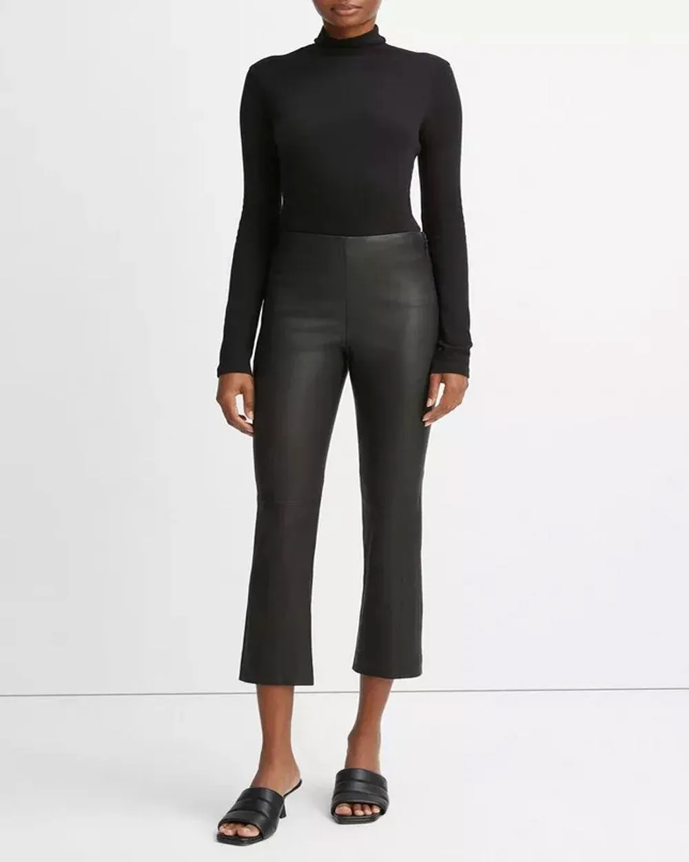 Black Stretch Leather Cropped Flare