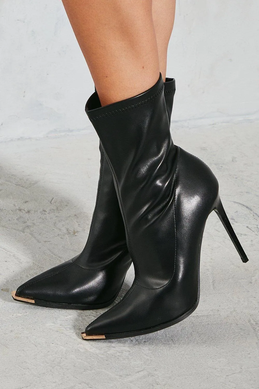 Boots | Leather Look Pointed Metal Toe Ankle Boots | MissPap