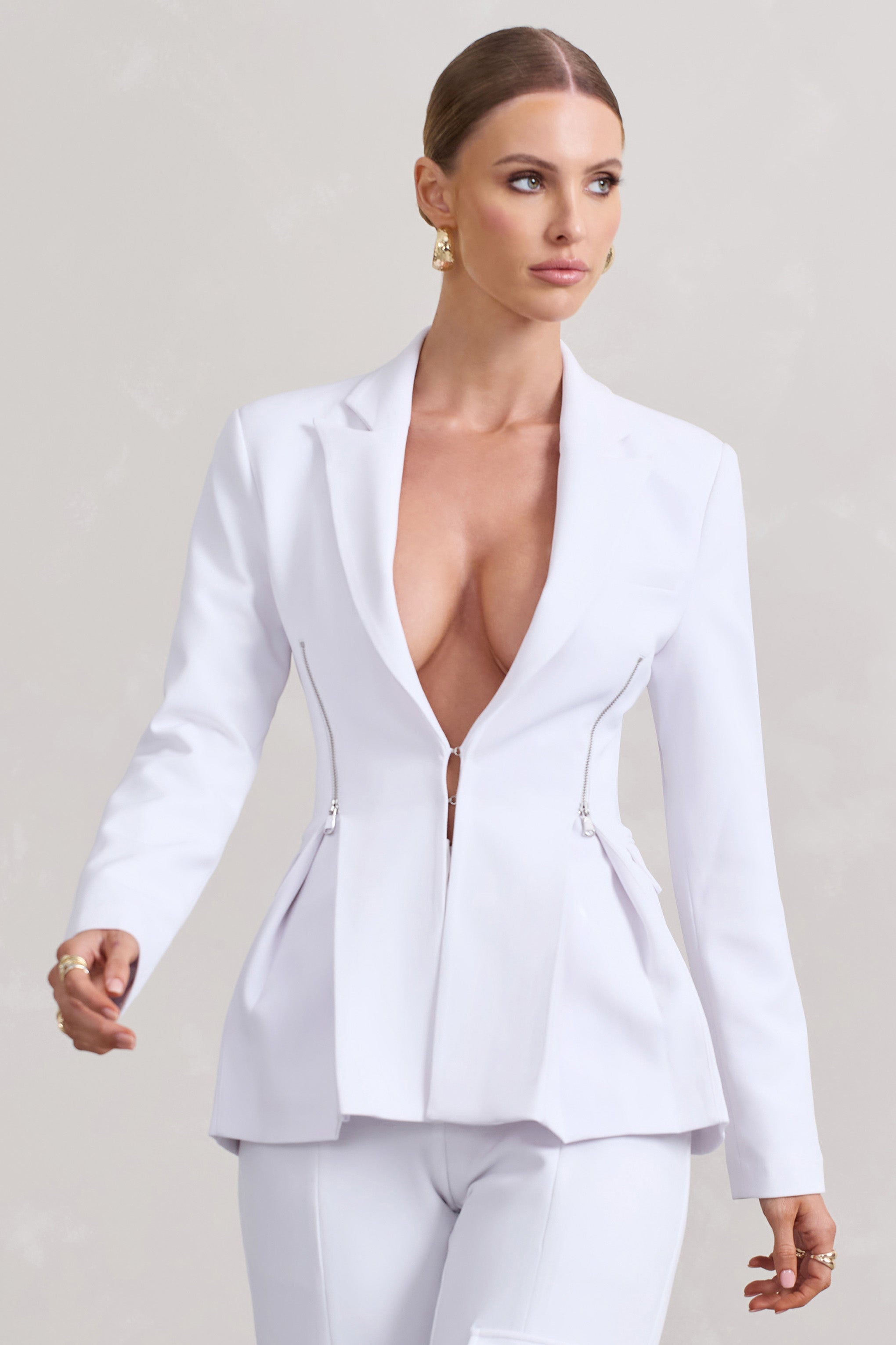 Candid  | White Fitted Blazer Jacket With Zip Details