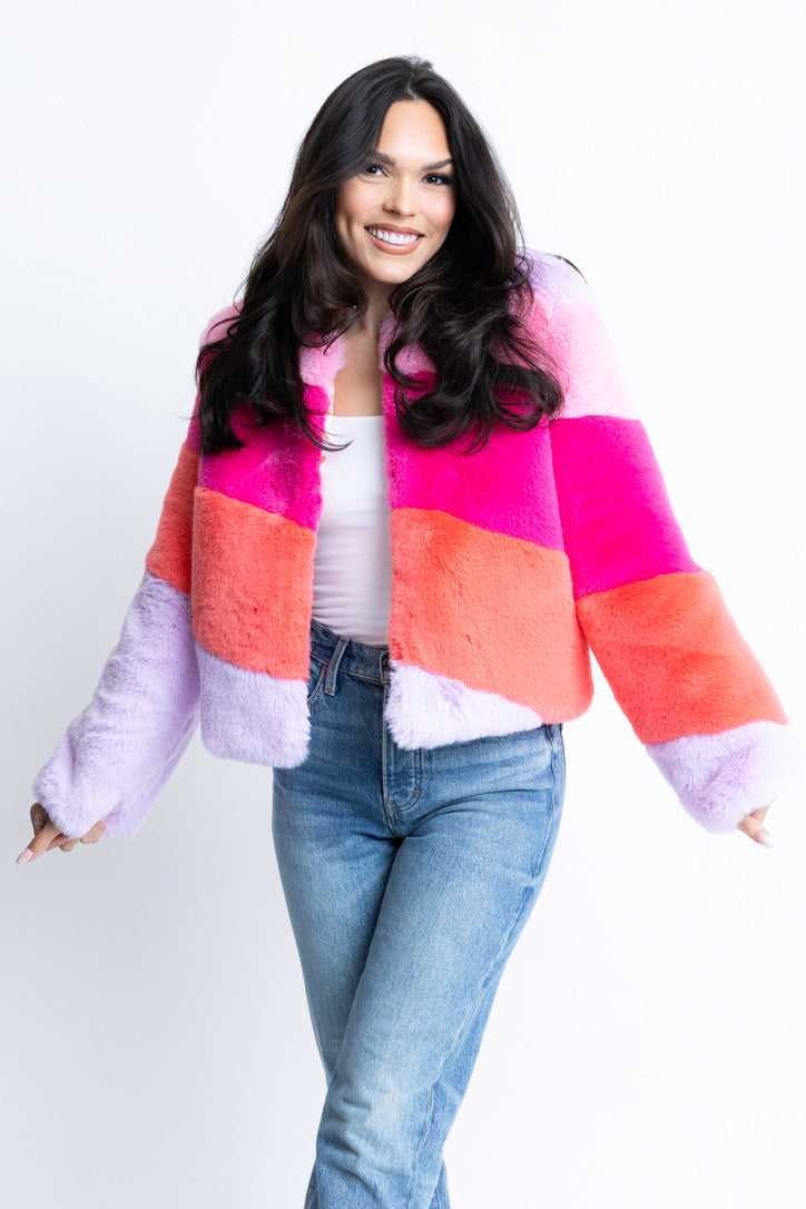 Colorblock Stripe Fur Jacket