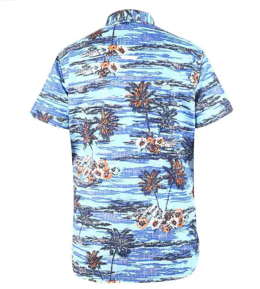 D555 Big Mens Blue Short Sleeve Shirt With Hawaiian Print (CHARFORD)