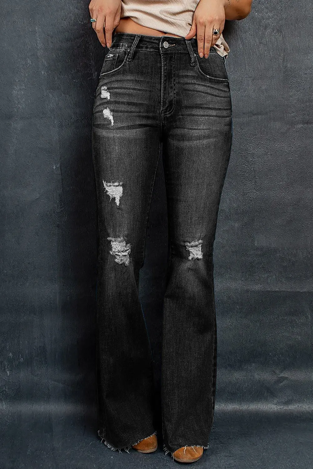 Distressed Raw Hem Flare Jeans