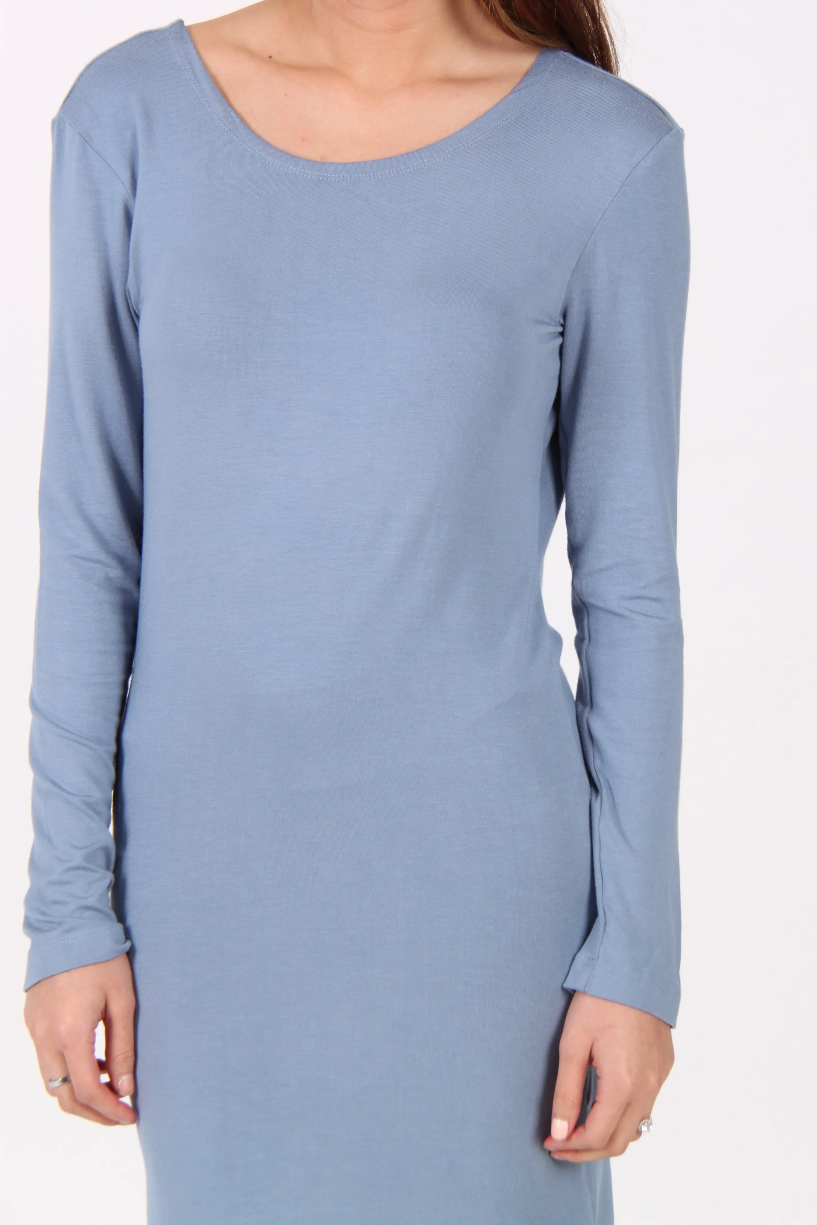 Drape Back Long Sleeve Dress in Blue