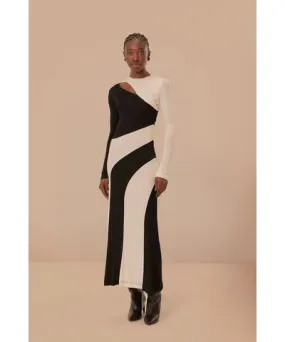 FarmRio Black And White Cut-Out Long Sleeve Midi Dress