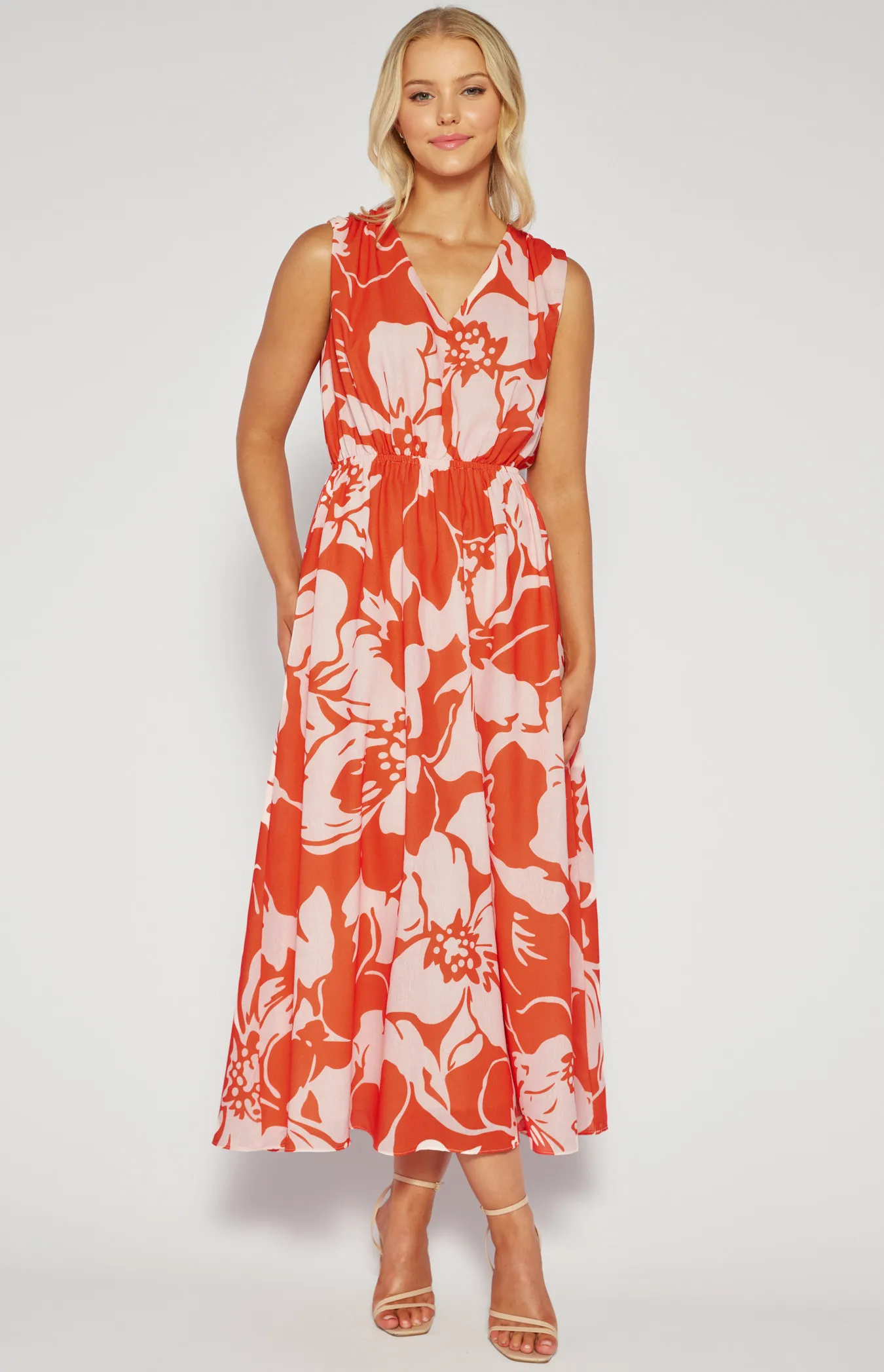 Faux Linen Printed Maxi Dress with Elastic Waist (SDR1538B)