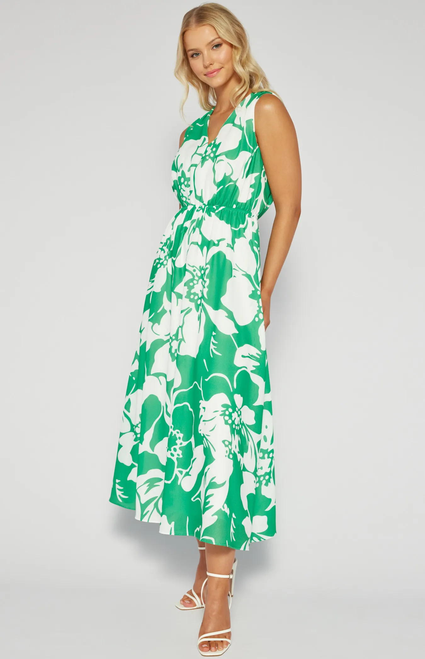 Faux Linen Printed Maxi Dress with Elastic Waist (SDR1538B)