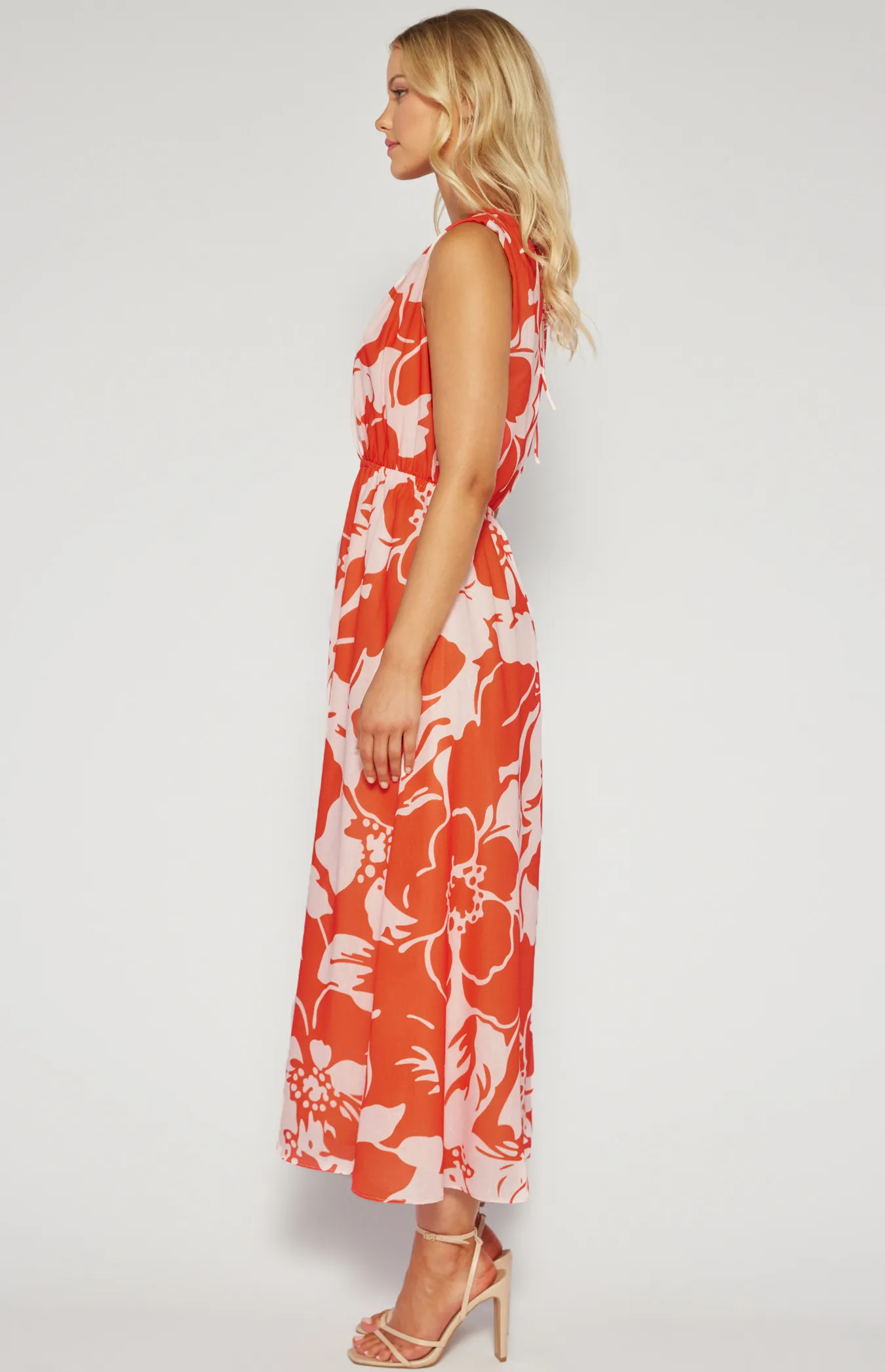 Faux Linen Printed Maxi Dress with Elastic Waist (SDR1538B)