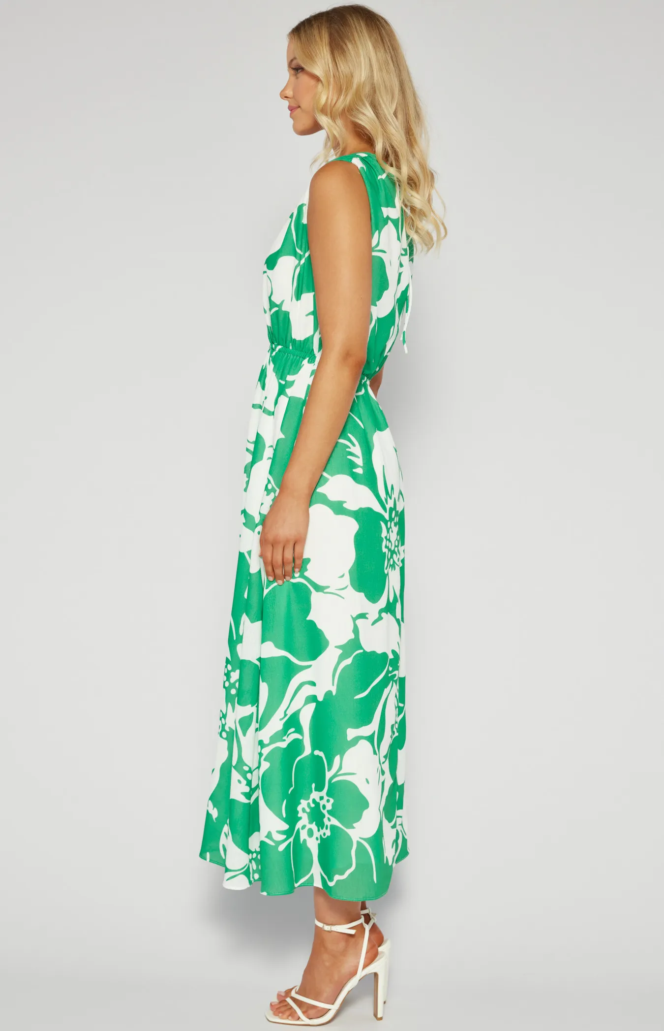 Faux Linen Printed Maxi Dress with Elastic Waist (SDR1538B)