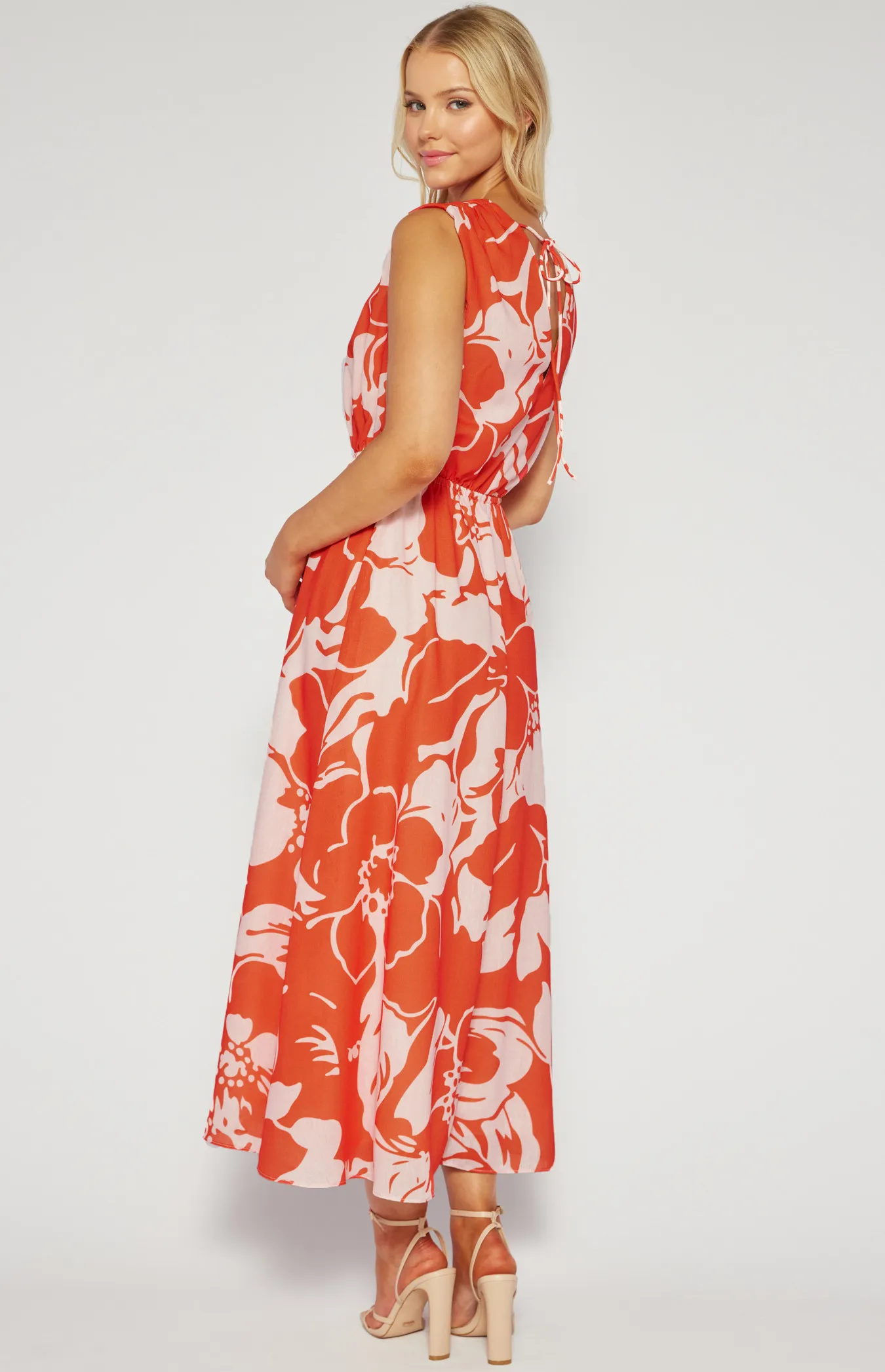 Faux Linen Printed Maxi Dress with Elastic Waist (SDR1538B)