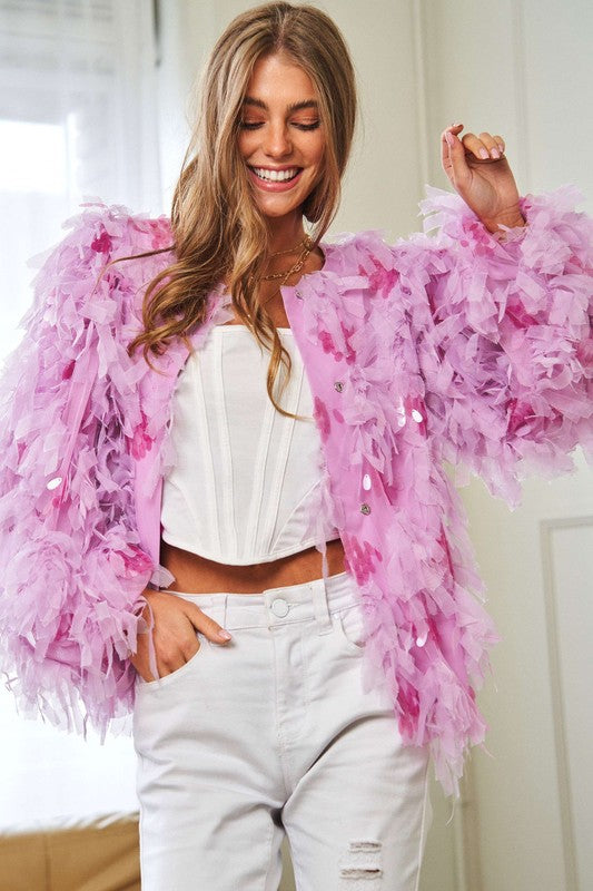 Fluffy Tiered Ruffle Long Sleeve Party Jacket