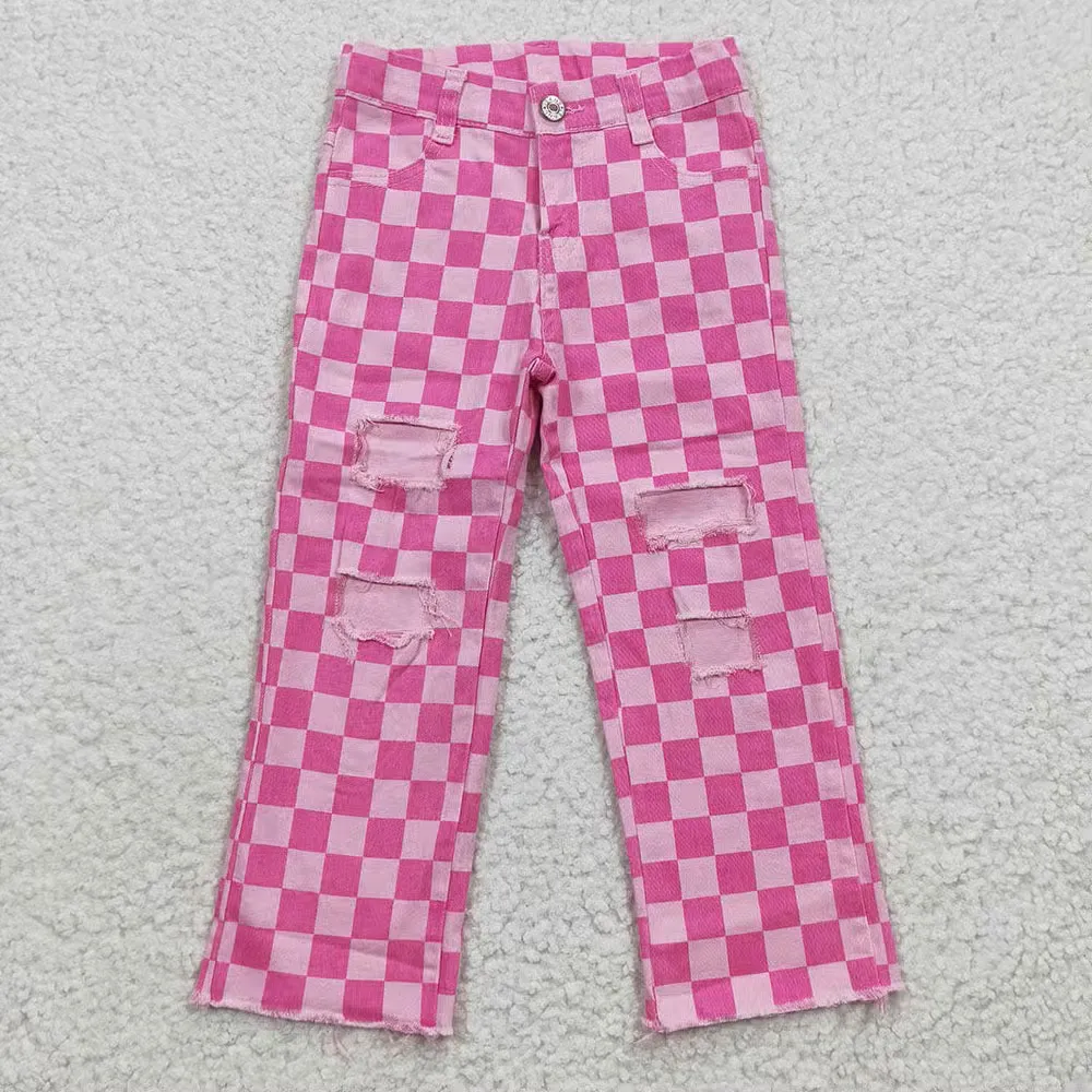 Girls Pink Check Denim Jean