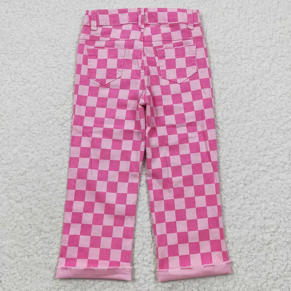 Girls Pink Check Denim Jean