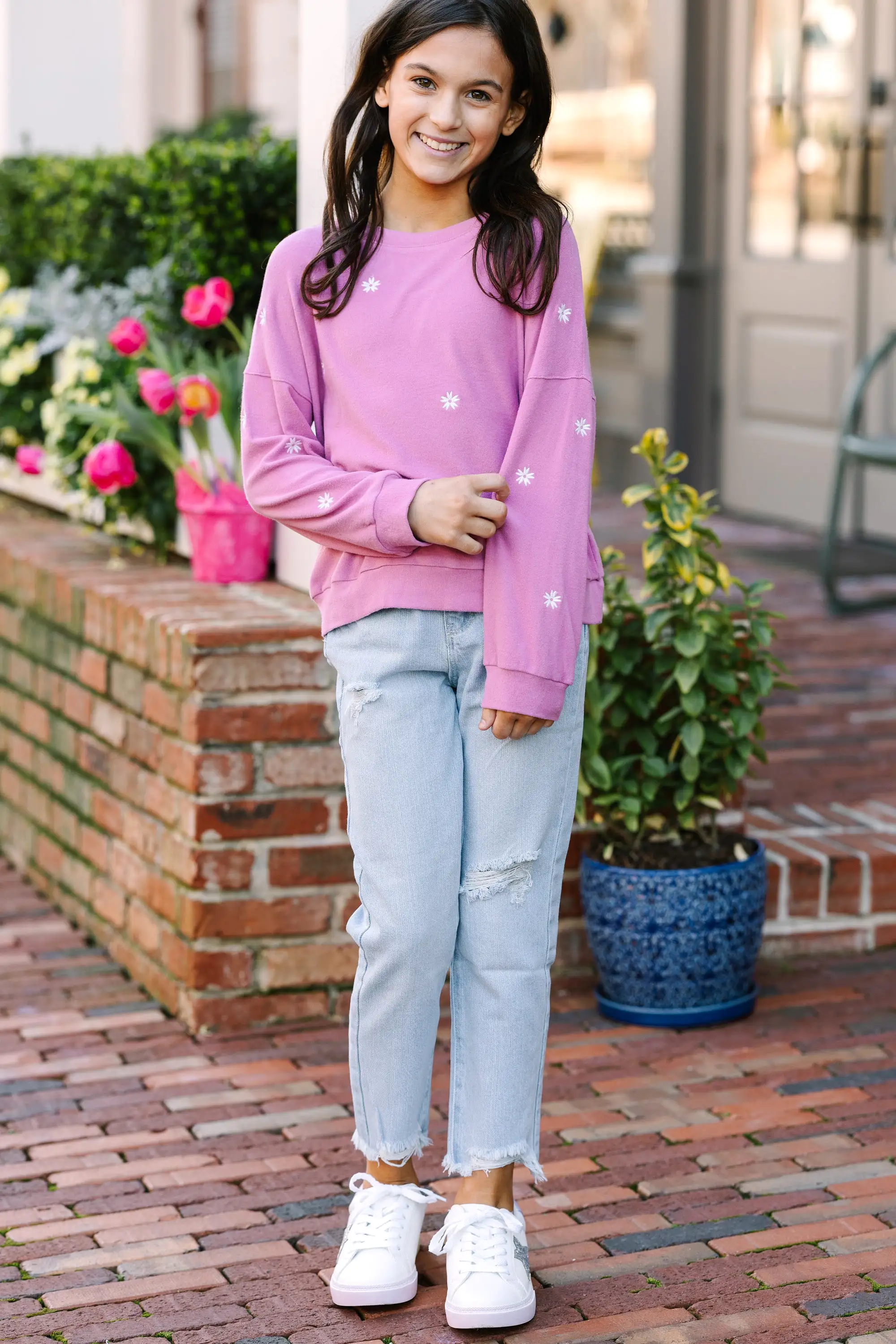 Girls: See You Later Pink Floral Embroidered Pullover