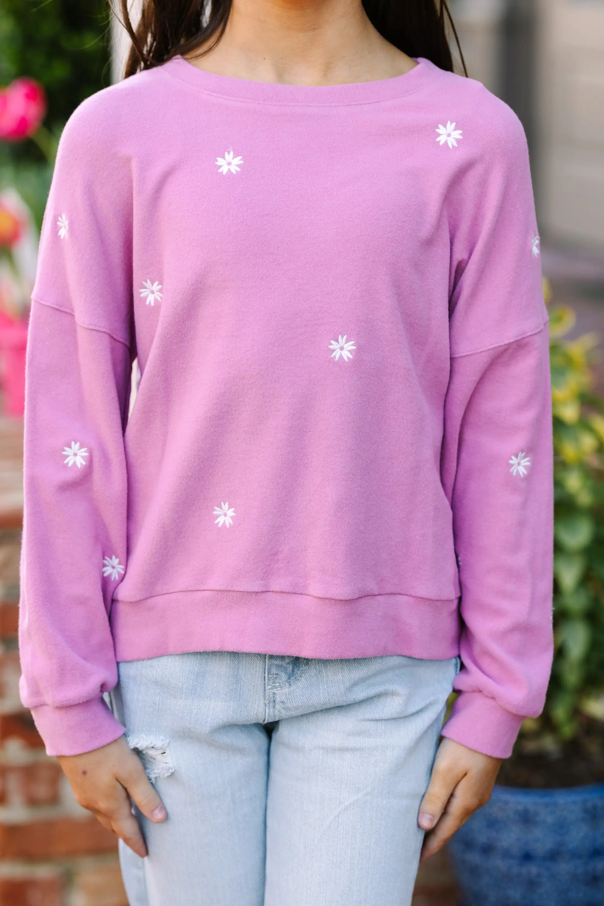 Girls: See You Later Pink Floral Embroidered Pullover