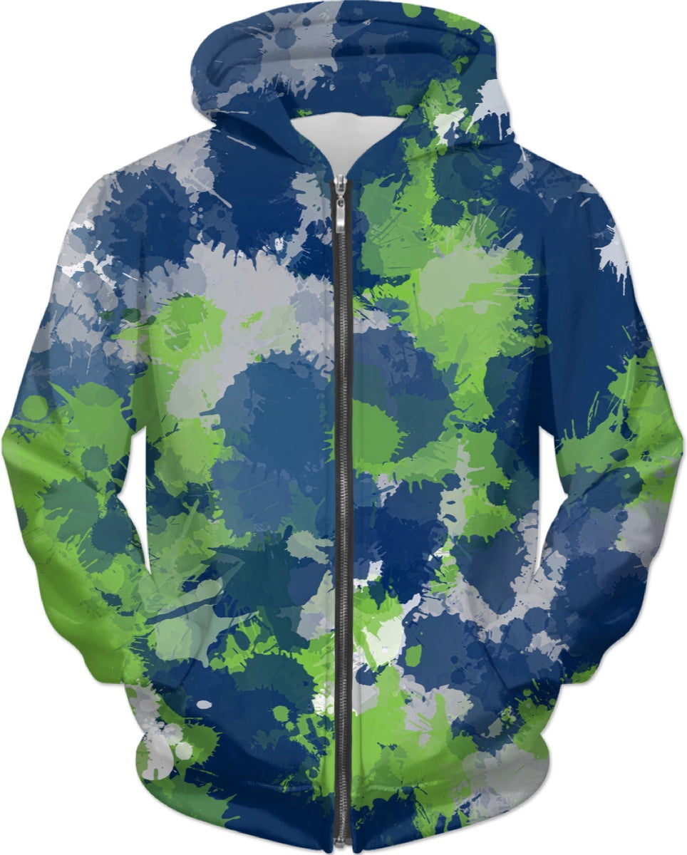 Green Blue and Grey Paint Splatter Zip-Up Hoodie