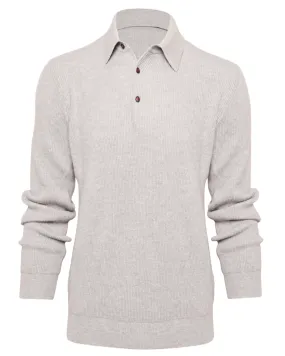 Grey Ribbed Cashmere Polo Sweater