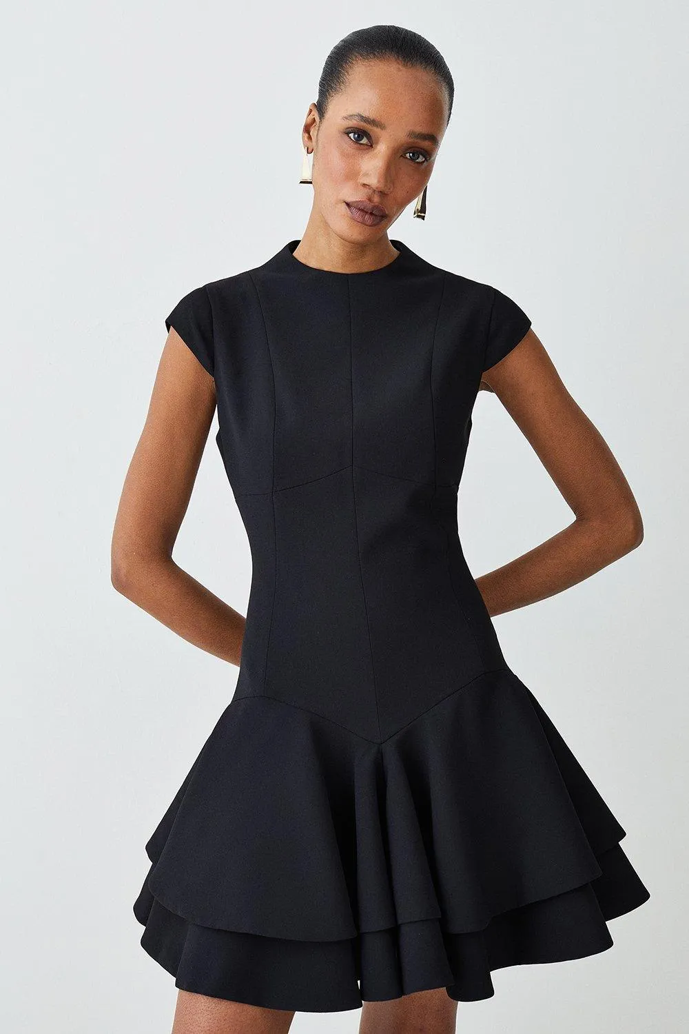 High Neck Crepe Full Skirted Mini Dress | Karen Millen