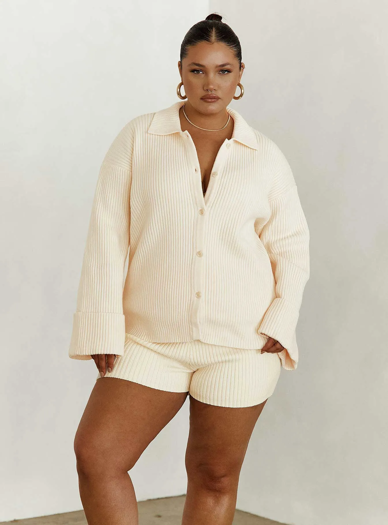 Jhett Long Sleeve Knit Shirt Cream Curve