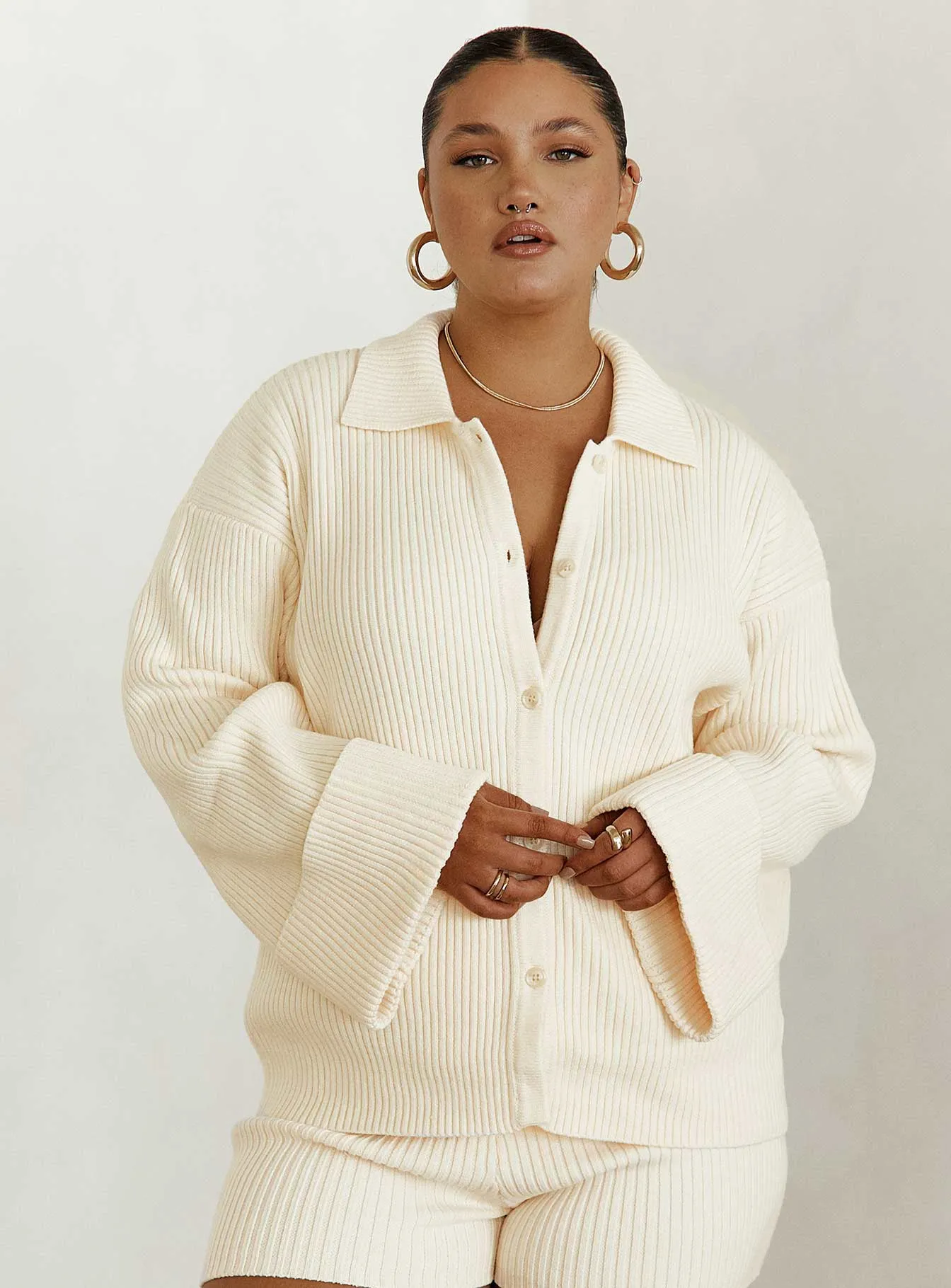 Jhett Long Sleeve Knit Shirt Cream Curve