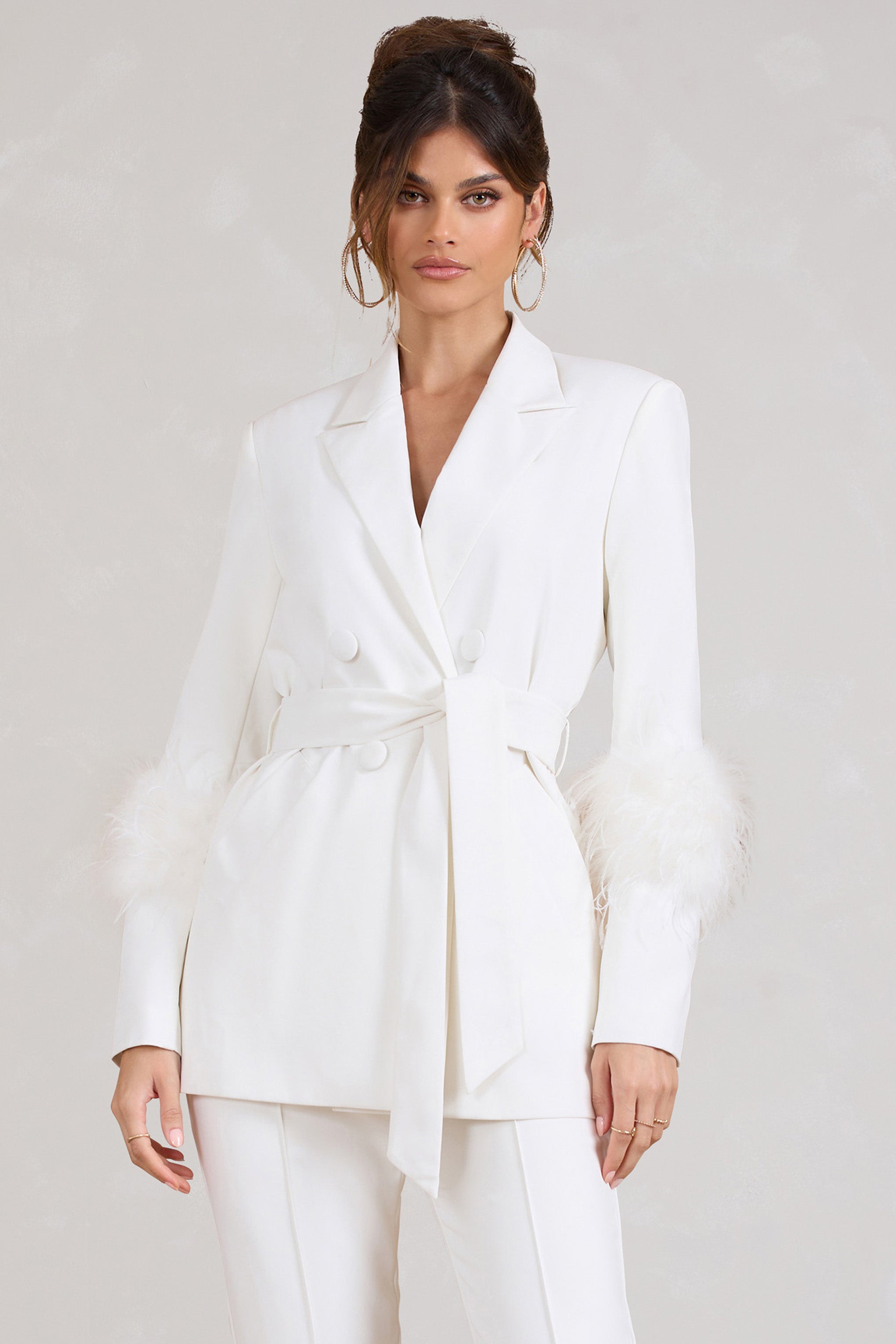 Just Like That | White Belted Blazer With Feather Detail