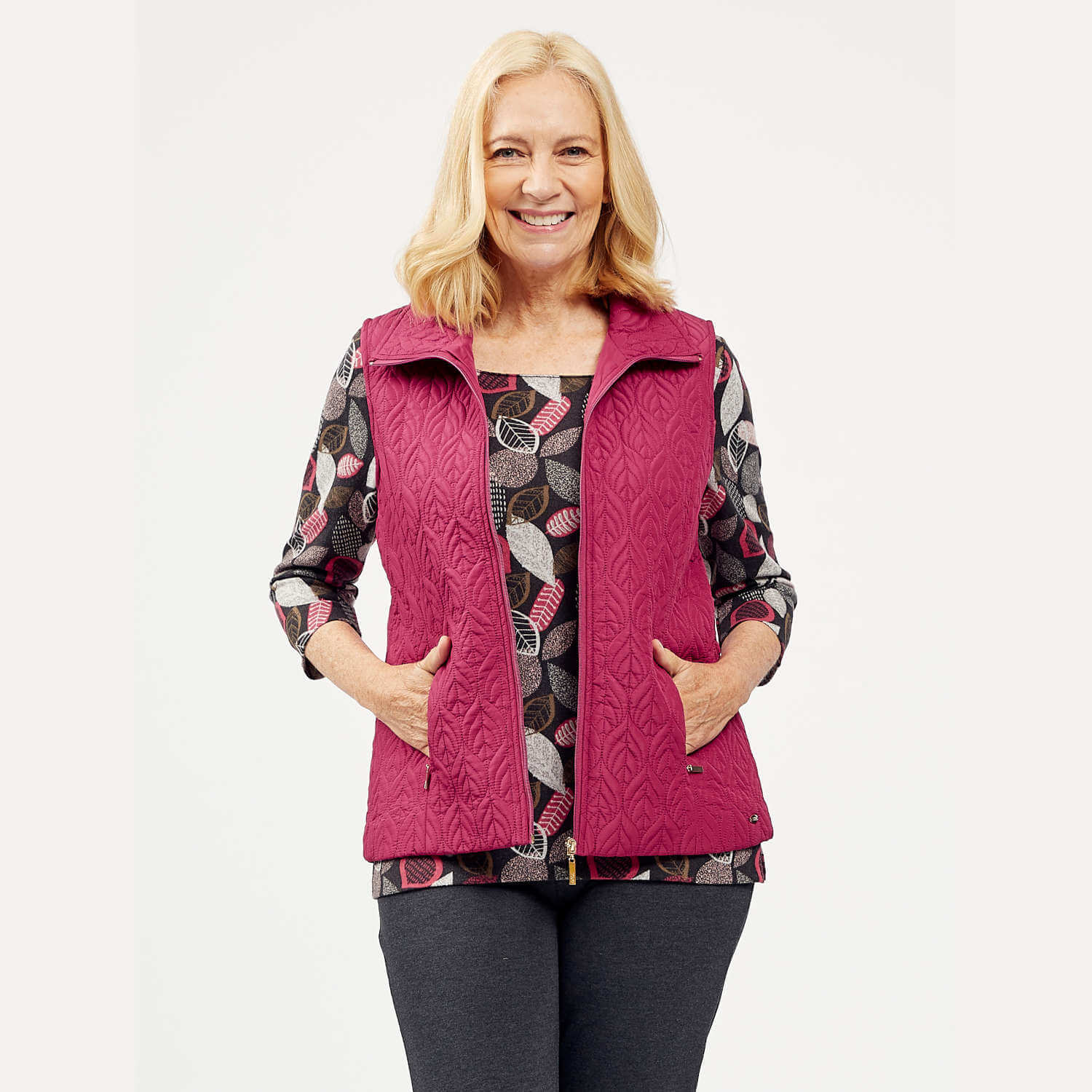 Leaf Print Gilet - Berry