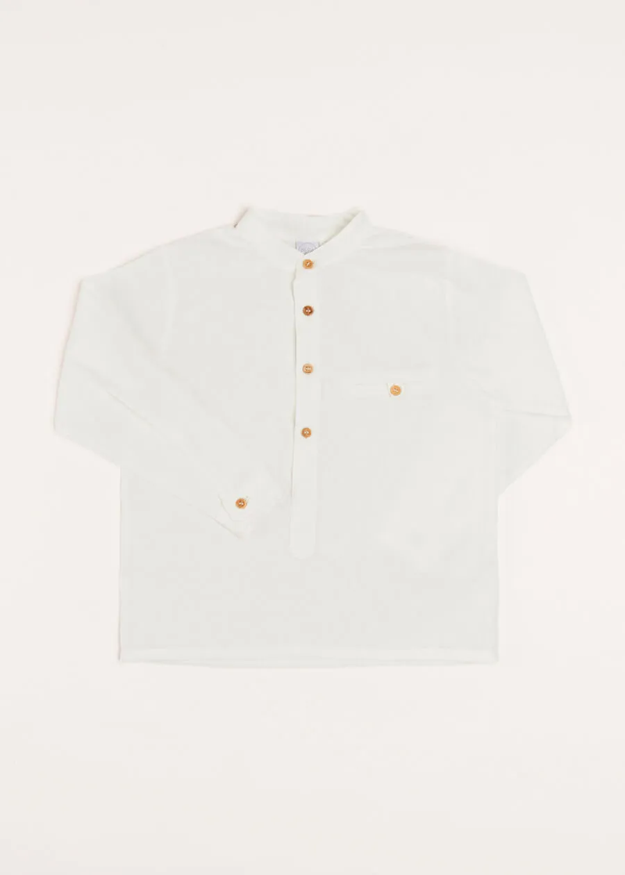 Linen Mao Collar Long Sleeve Shirt in White (12mths-10yrs)