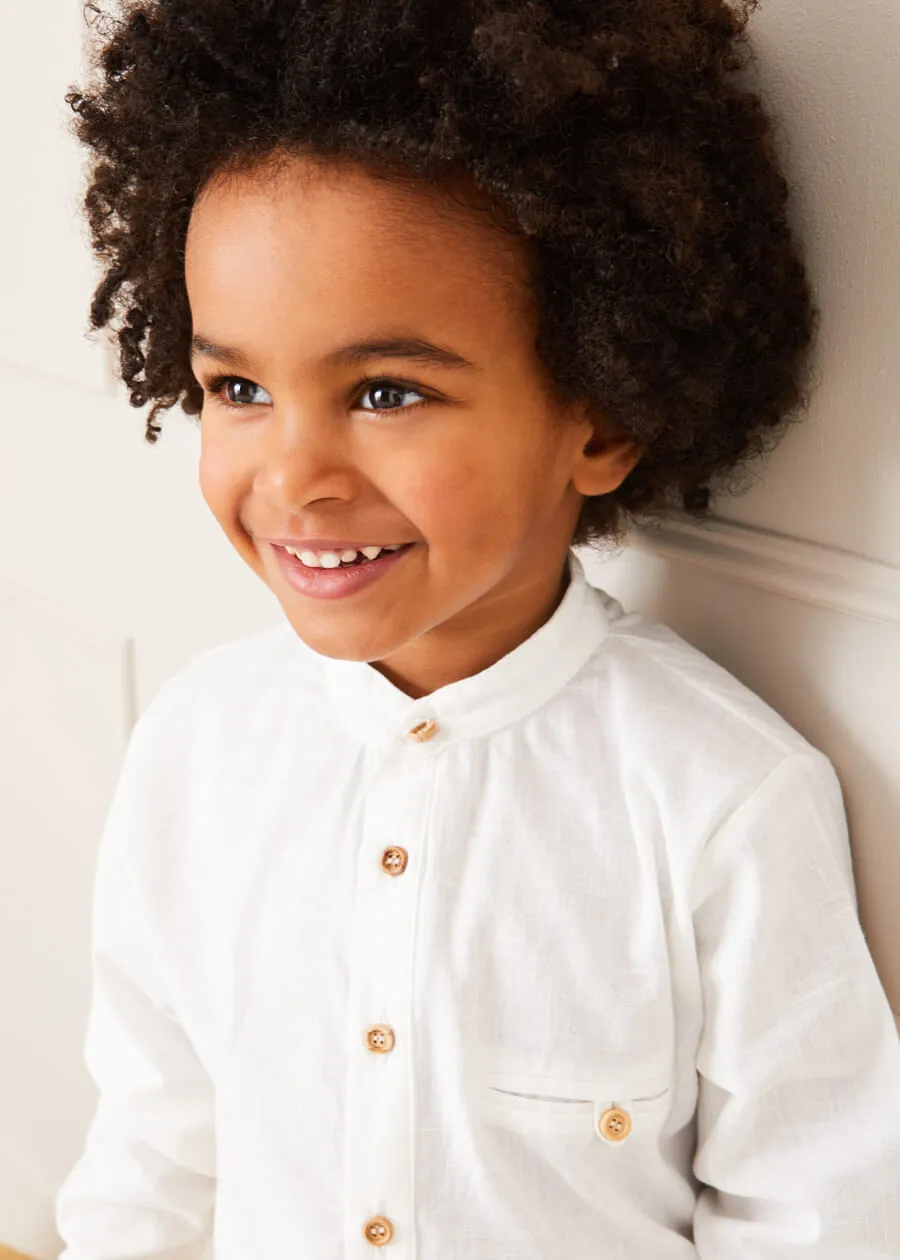 Linen Mao Collar Long Sleeve Shirt in White (12mths-10yrs)