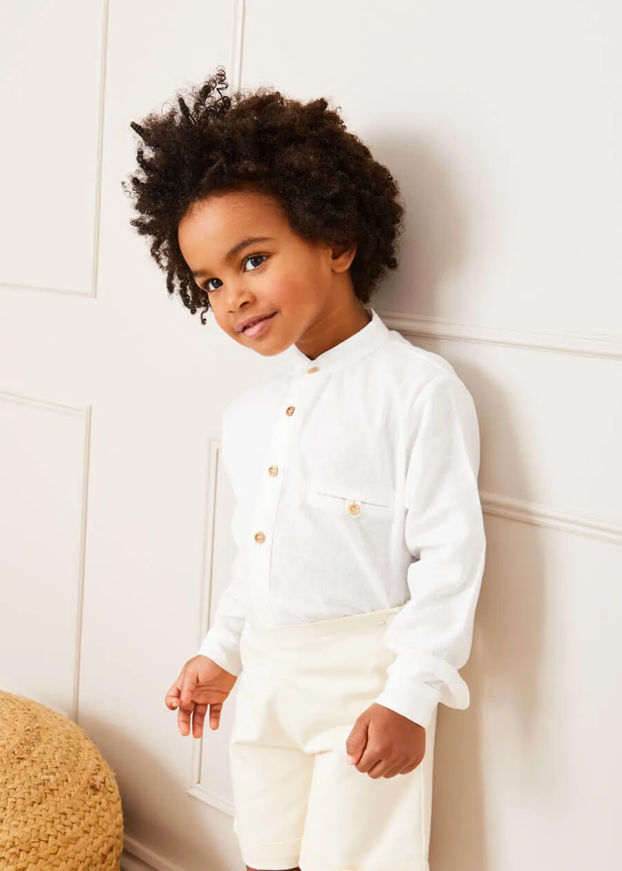 Linen Mao Collar Long Sleeve Shirt in White (12mths-10yrs)