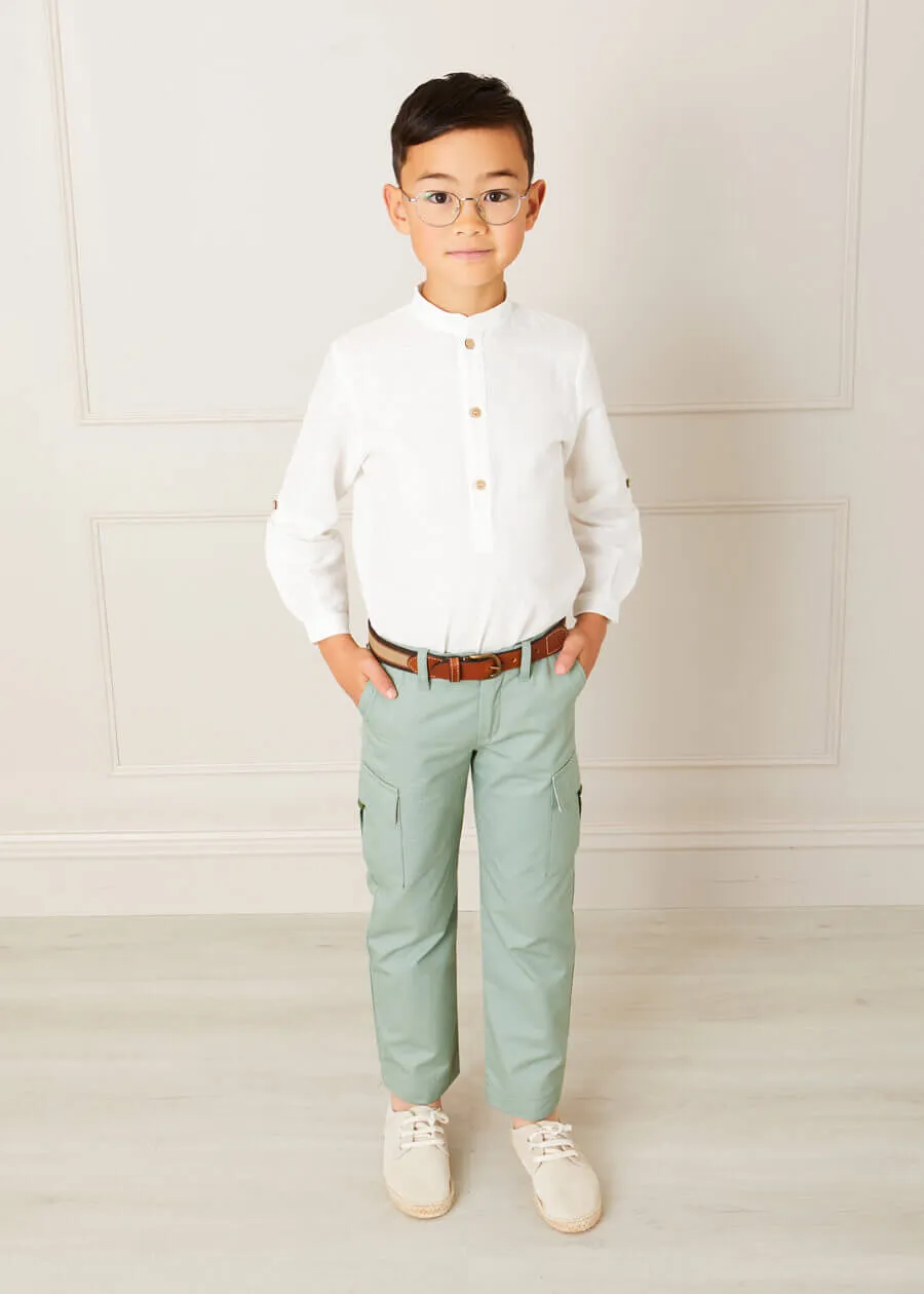 Linen Mao Collar Long Sleeve Shirt in White (12mths-10yrs)