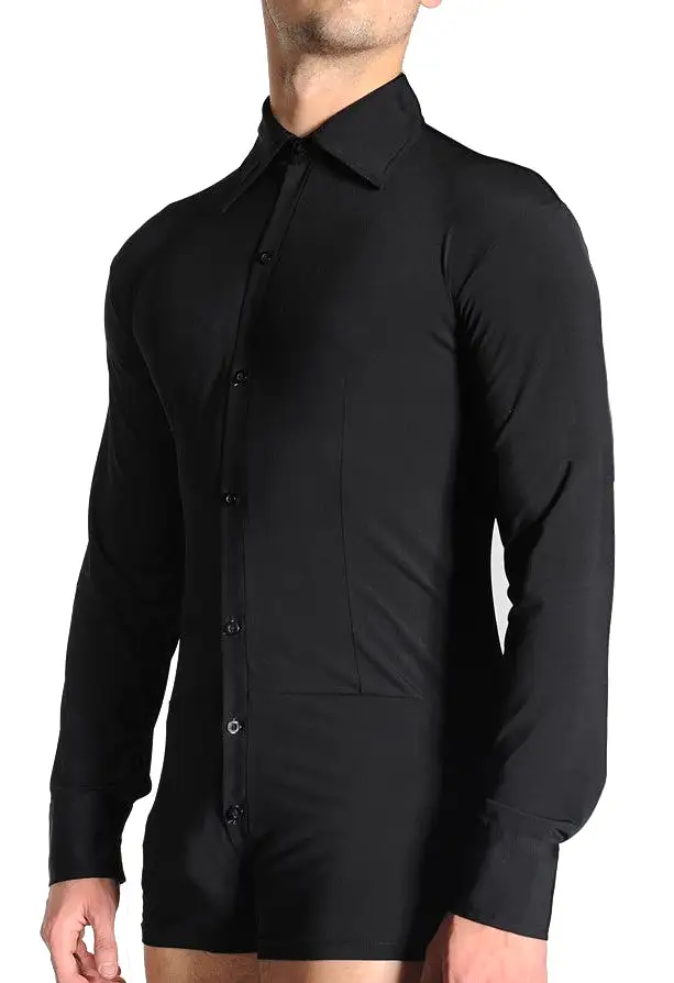 Men's Black or White Smooth Ballroom Button Down Shirt with Built-in Briefs and Collar M018 in Stock