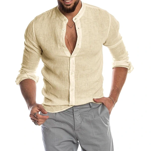 Men's Casual Linen Shirt Band Collar Long Sleeve Button Down Shirt