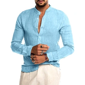 Men's Casual Linen Shirt Band Collar Long Sleeve Button Down Shirt