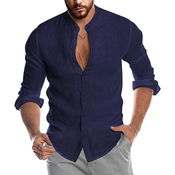 Men's Casual Linen Shirt Band Collar Long Sleeve Button Down Shirt