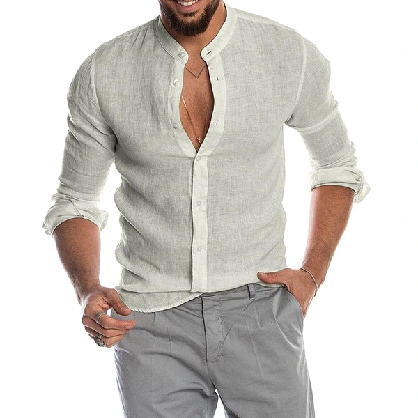 Men's Casual Linen Shirt Band Collar Long Sleeve Button Down Shirt