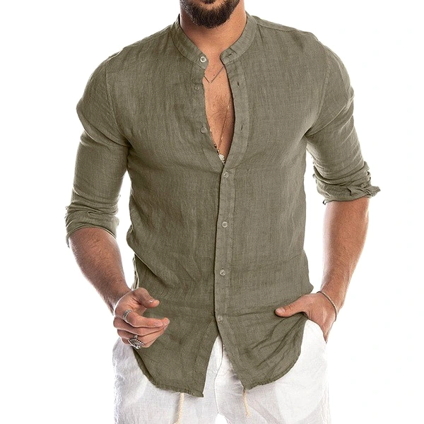 Men's Casual Linen Shirt Band Collar Long Sleeve Button Down Shirt