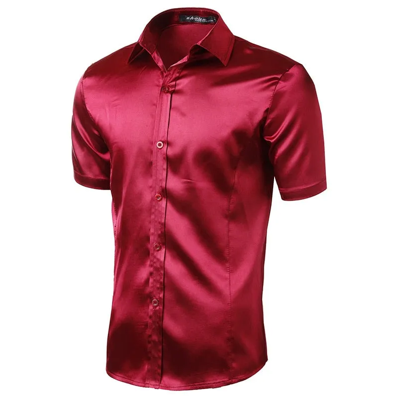 Men's Casual Purple Color Shiny Satin Shirt Silk Slim Fit Short Sleeve Shirt