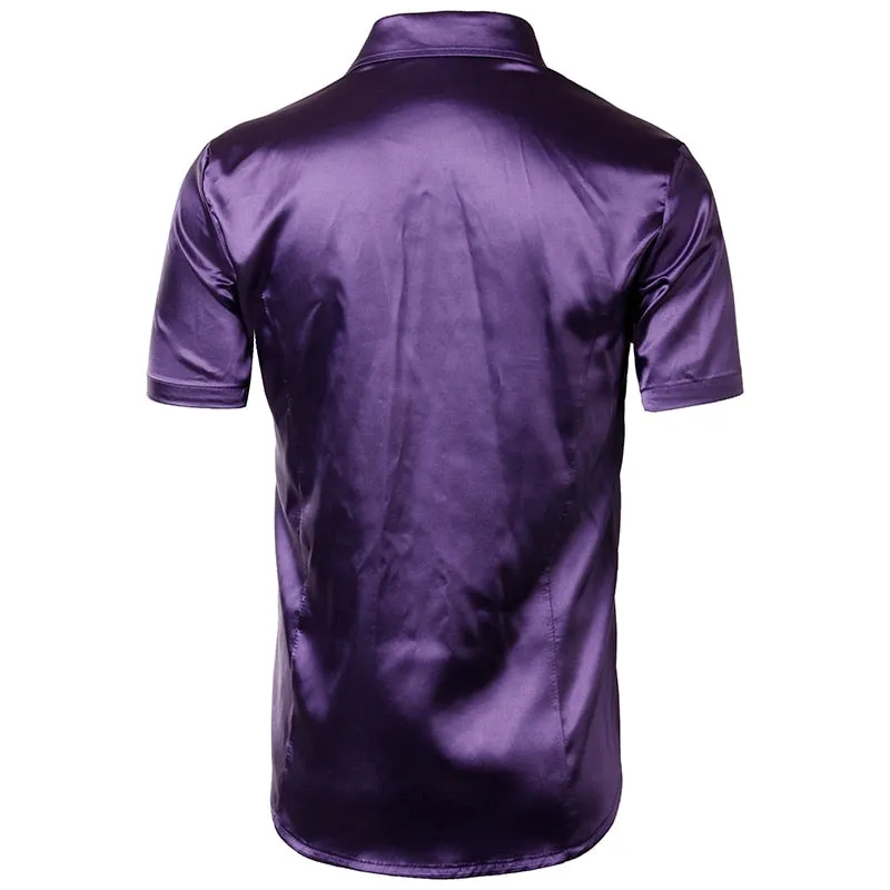 Men's Casual Purple Color Shiny Satin Shirt Silk Slim Fit Short Sleeve Shirt