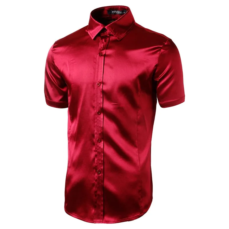 Men's Casual Purple Color Shiny Satin Shirt Silk Slim Fit Short Sleeve Shirt