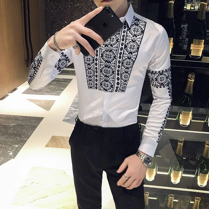 Men's Fashion Casual Slim British Style Printed Pattern Long Sleeve Shirt