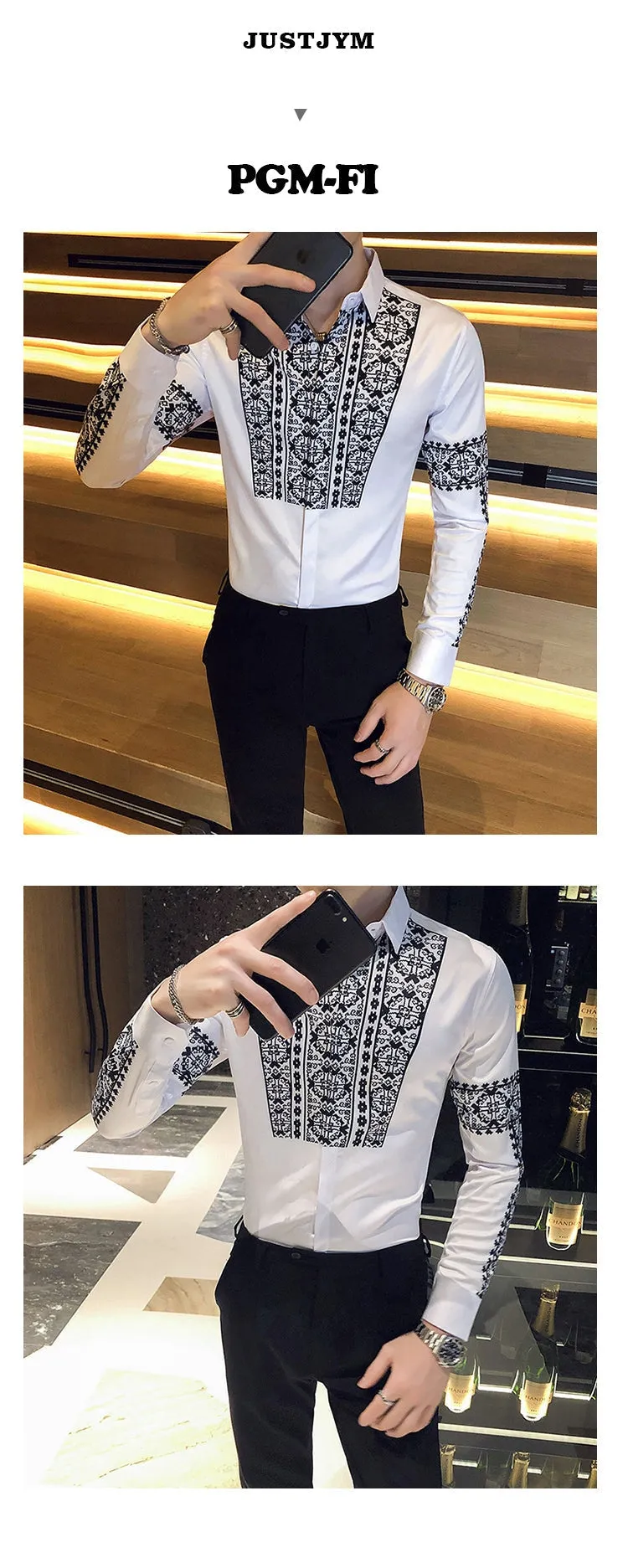 Men's Fashion Casual Slim British Style Printed Pattern Long Sleeve Shirt