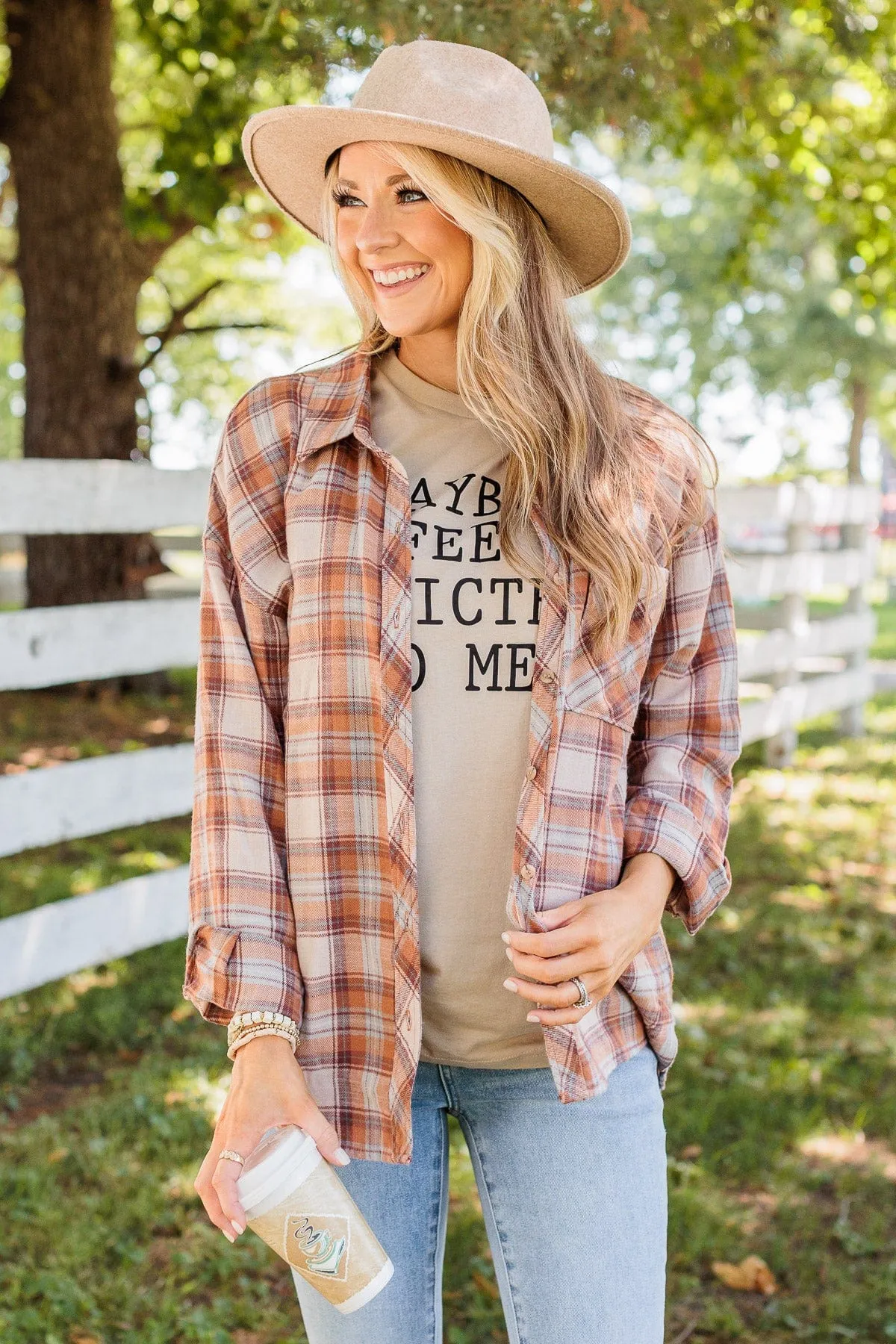 My Next Big Adventure Flannel Button-Up Top- Clay