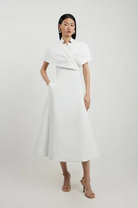 Petite Structured Crepe Cape Detail Full Skirted Tailored Midi Dress | Karen Millen