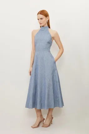 Petite Tailored Denim Linen Strappy Full Skirted Midi Dress | Karen Millen