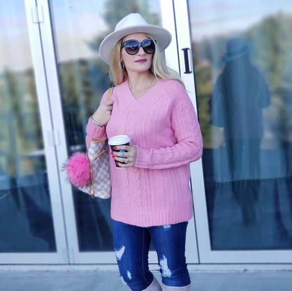 Pretty In Pink So Soft Cable Knit Sweater