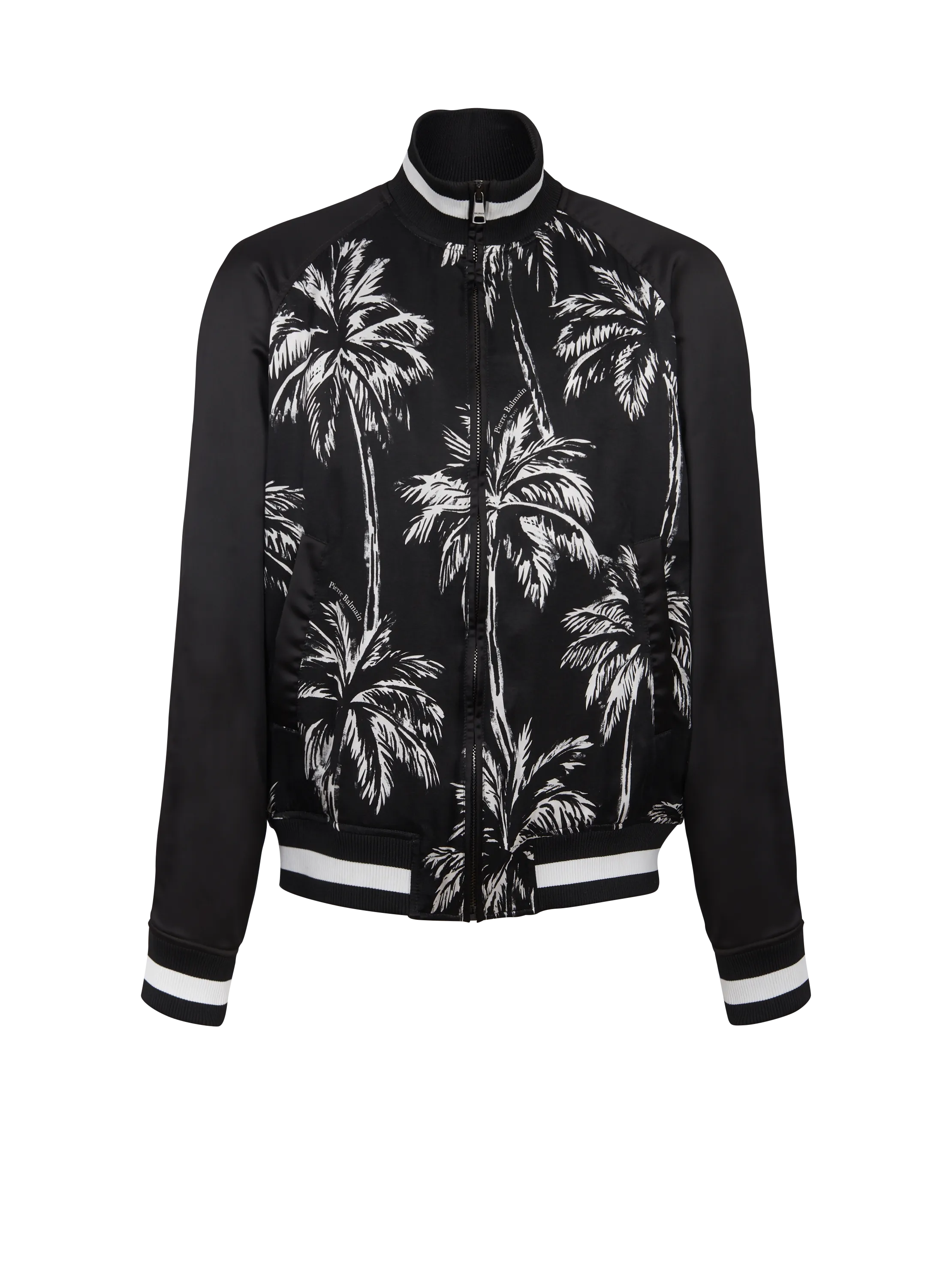 Printed satin palm tree bomber jacket