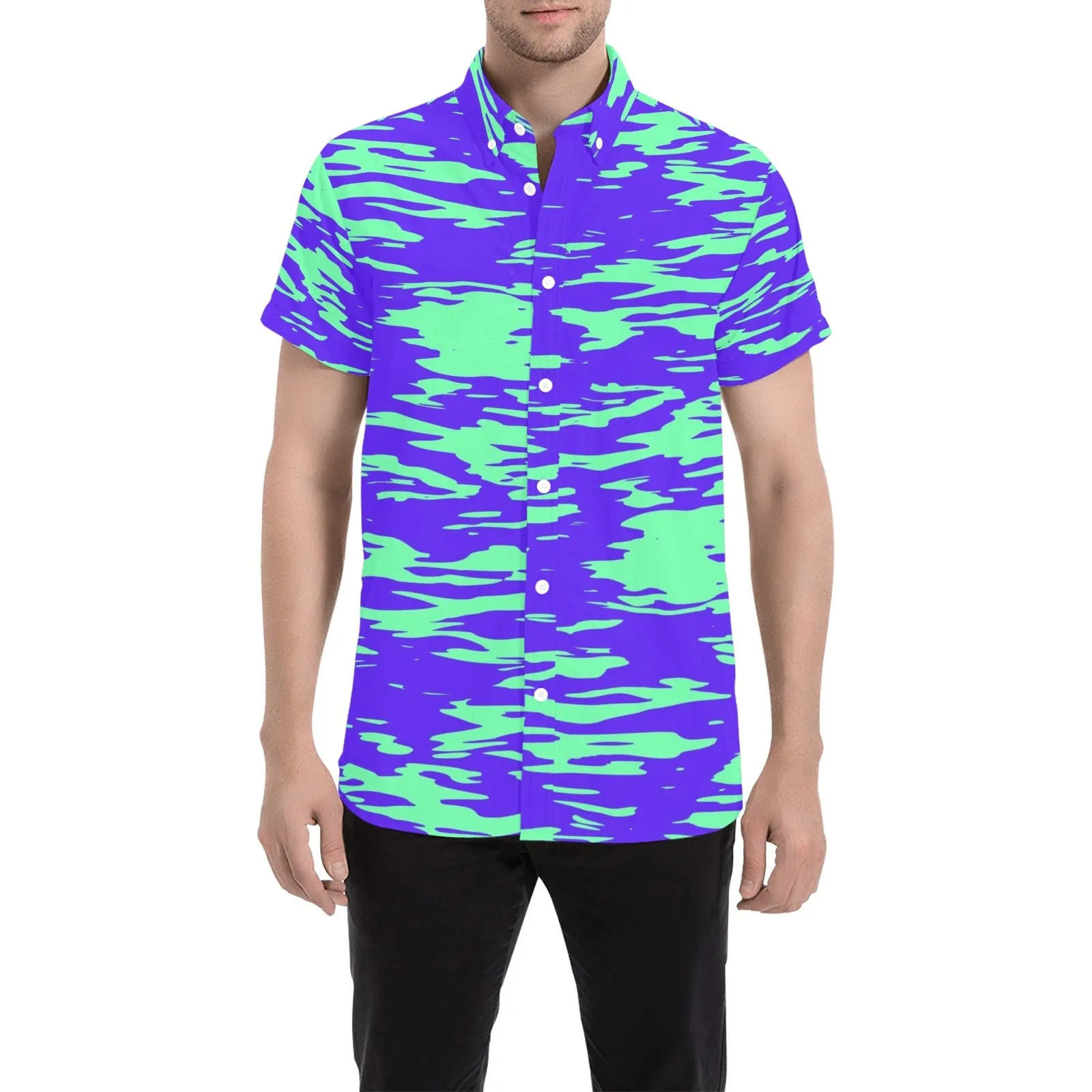 Purple Mint Rave Zebra Stripe Short Sleeve Button Up Shirt