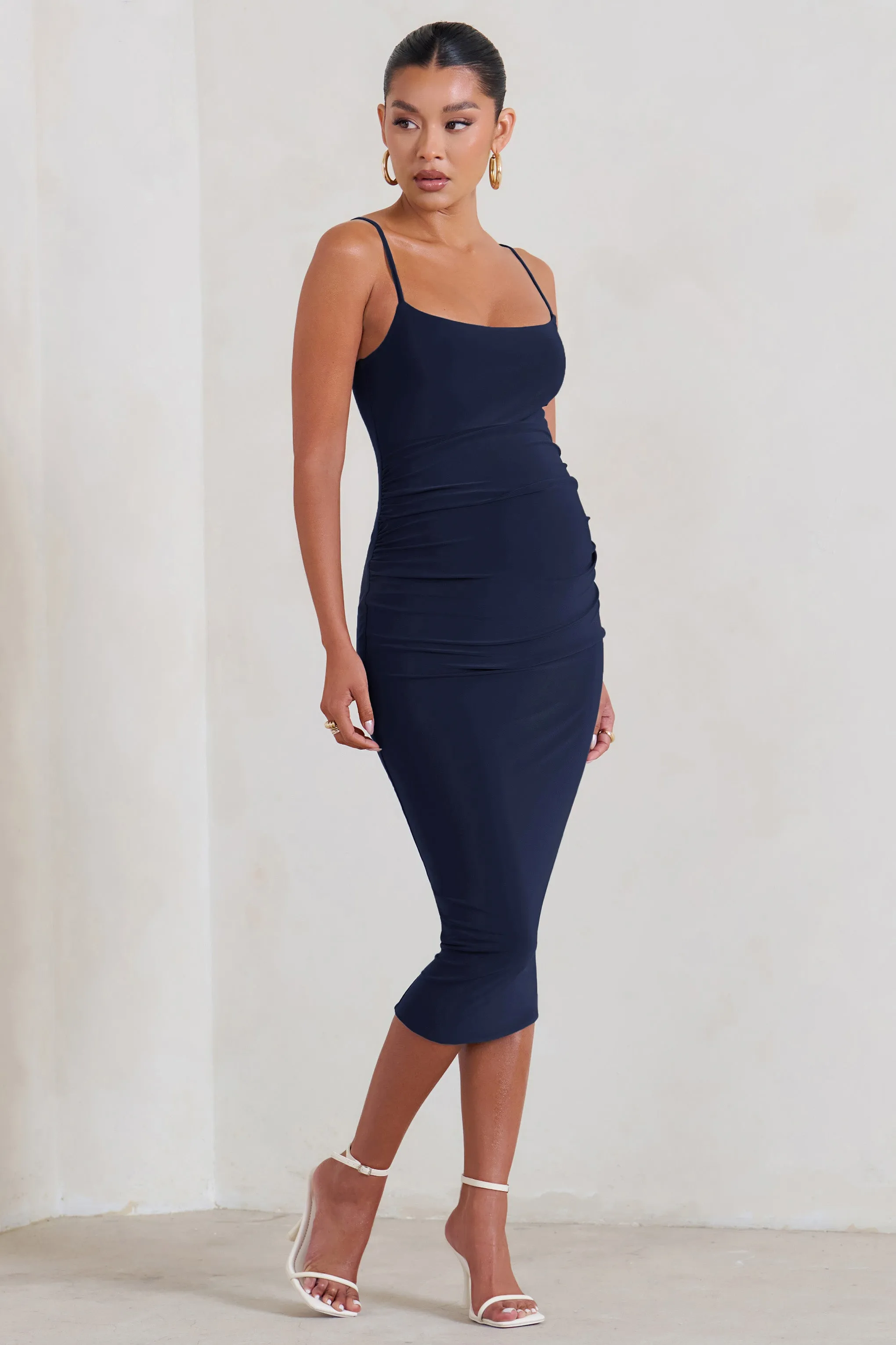 Raquel | Navy Maternity Cami Midi Dress With Split