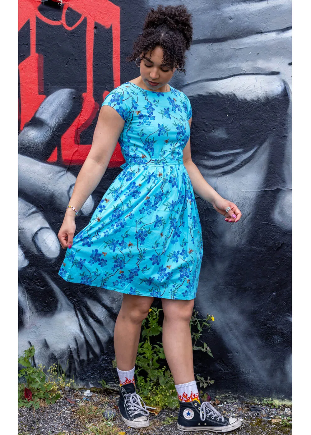 Run & Fly Cherry Blossom 50's Swing Dress Blue