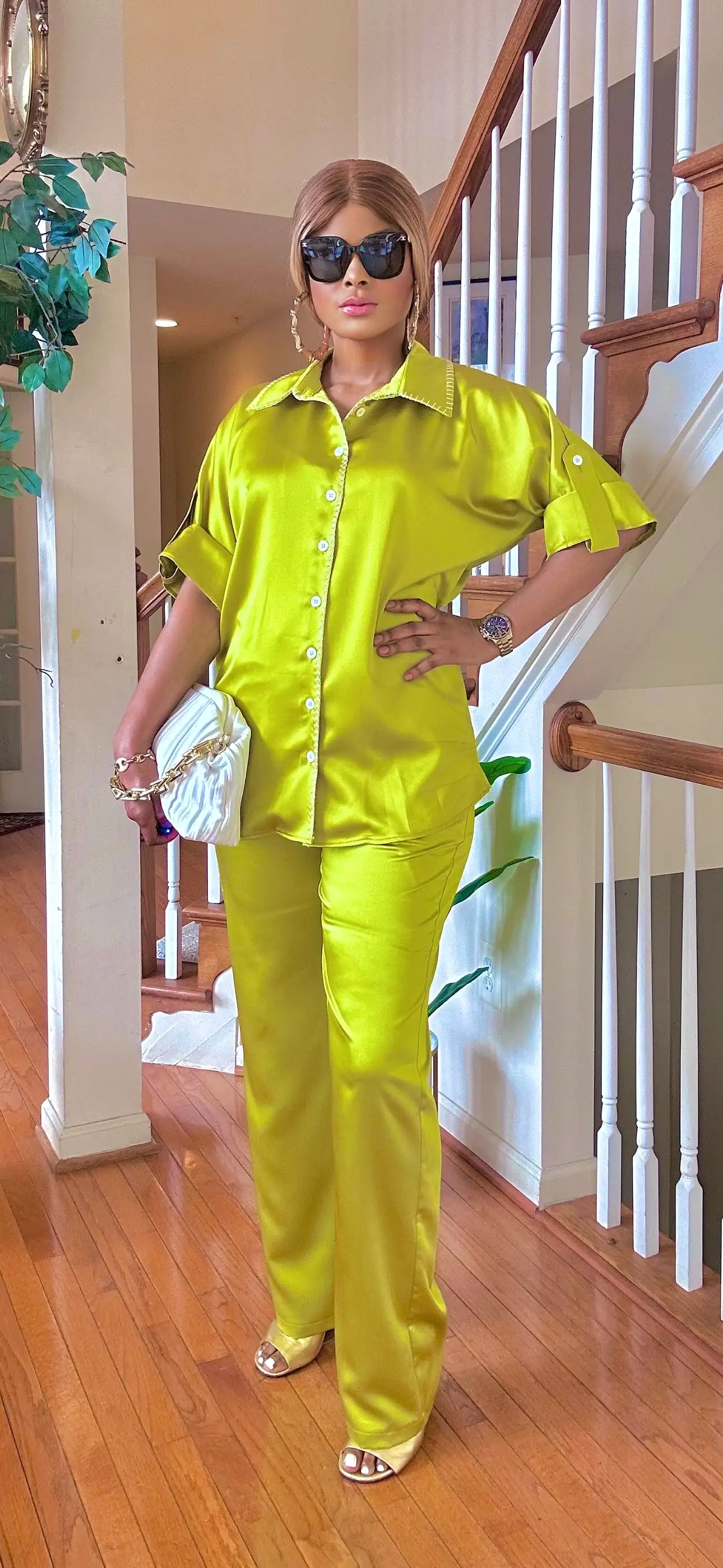 SATIN 2 PIECE BUTTON DOWN SHIRT/PALAZZO PANT(LEMON)